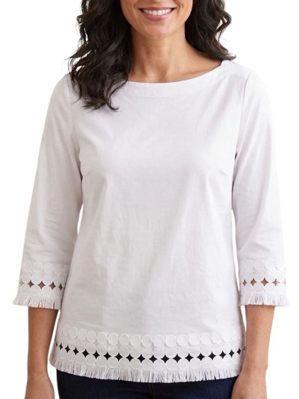 Talbots White Eyelet-Hem 3/4 Sleeve Pima Cotton Shirt Tunic Boatneck Fringe LP